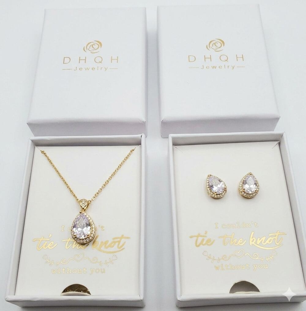 DHQH Jewelry Pear Cut Crystal Necklace & Earrings Set Bridesmaid Gift #OD